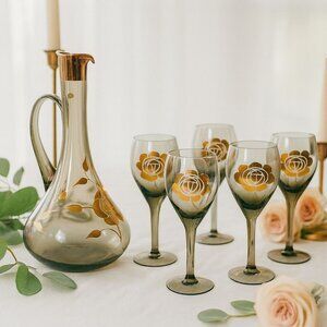 Vintage MCM Smoked Glass Barware Set Pitcher 5 Wine Glasses Gold Floral Hungary